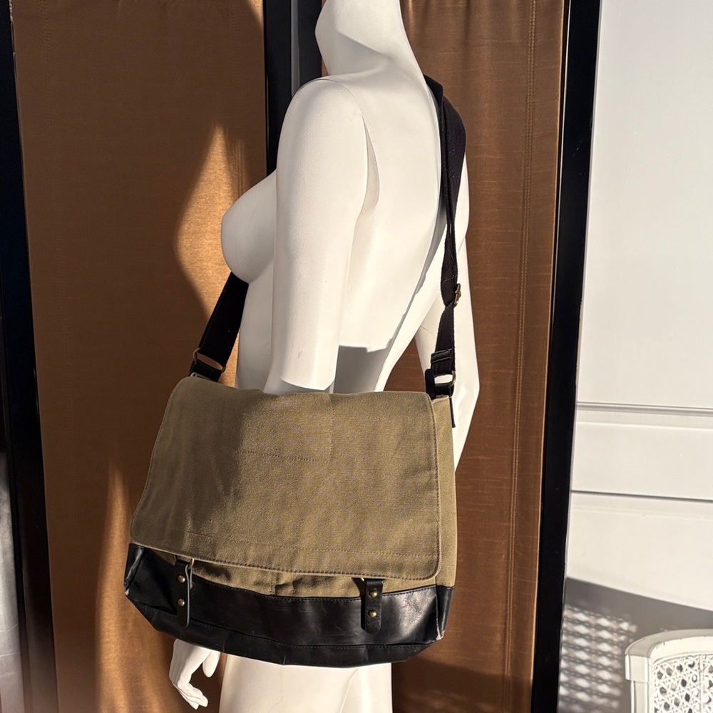 Indigo Olive/Khaki Canvas Messenger Bag with Black Trim